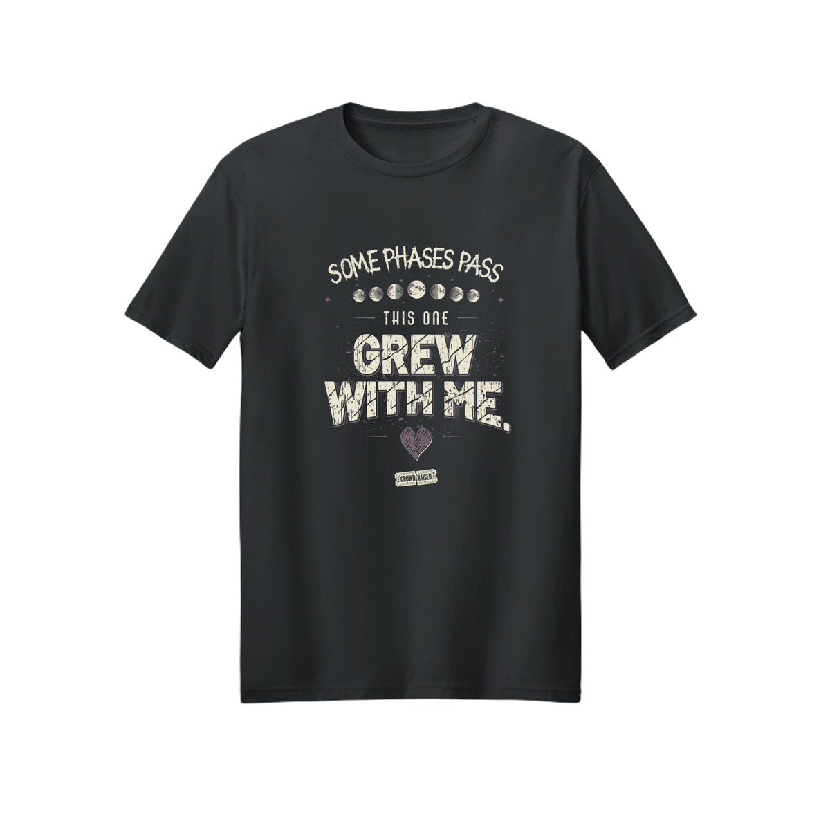Front of black T-shirt with cream “Some Phases Pass, This One Grew With Me” lettering, moon phases, and a heart graphic.
