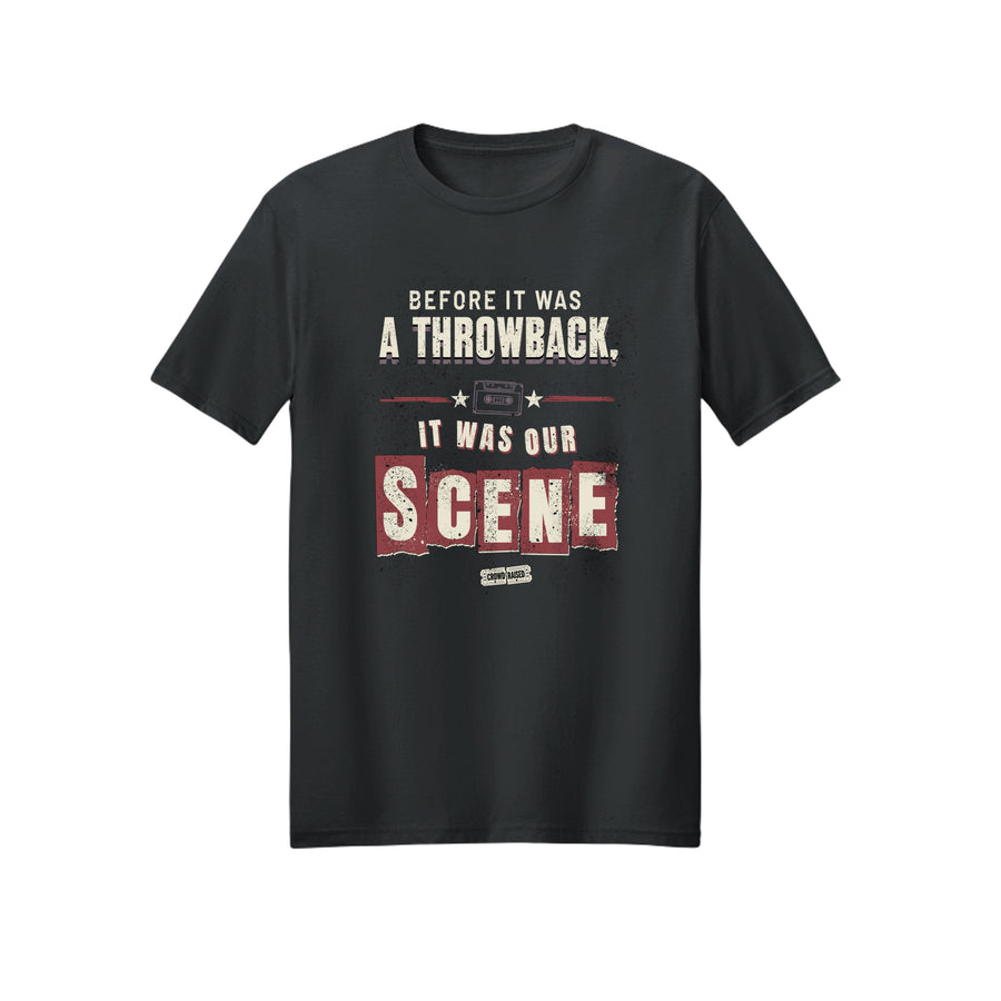 Front of black Crowd Raised T-shirt with distressed cream and red “Before It Was a Throwback, It Was Our Scene” lettering.