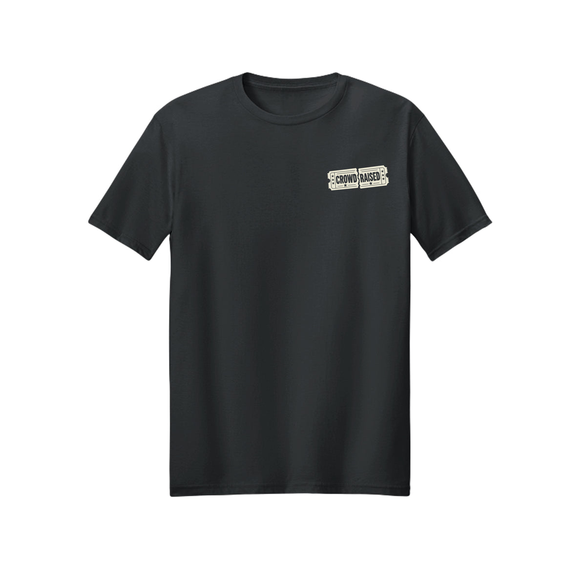 Front of black T-shirt with a small cream Crowd Raised logo on the left chest.